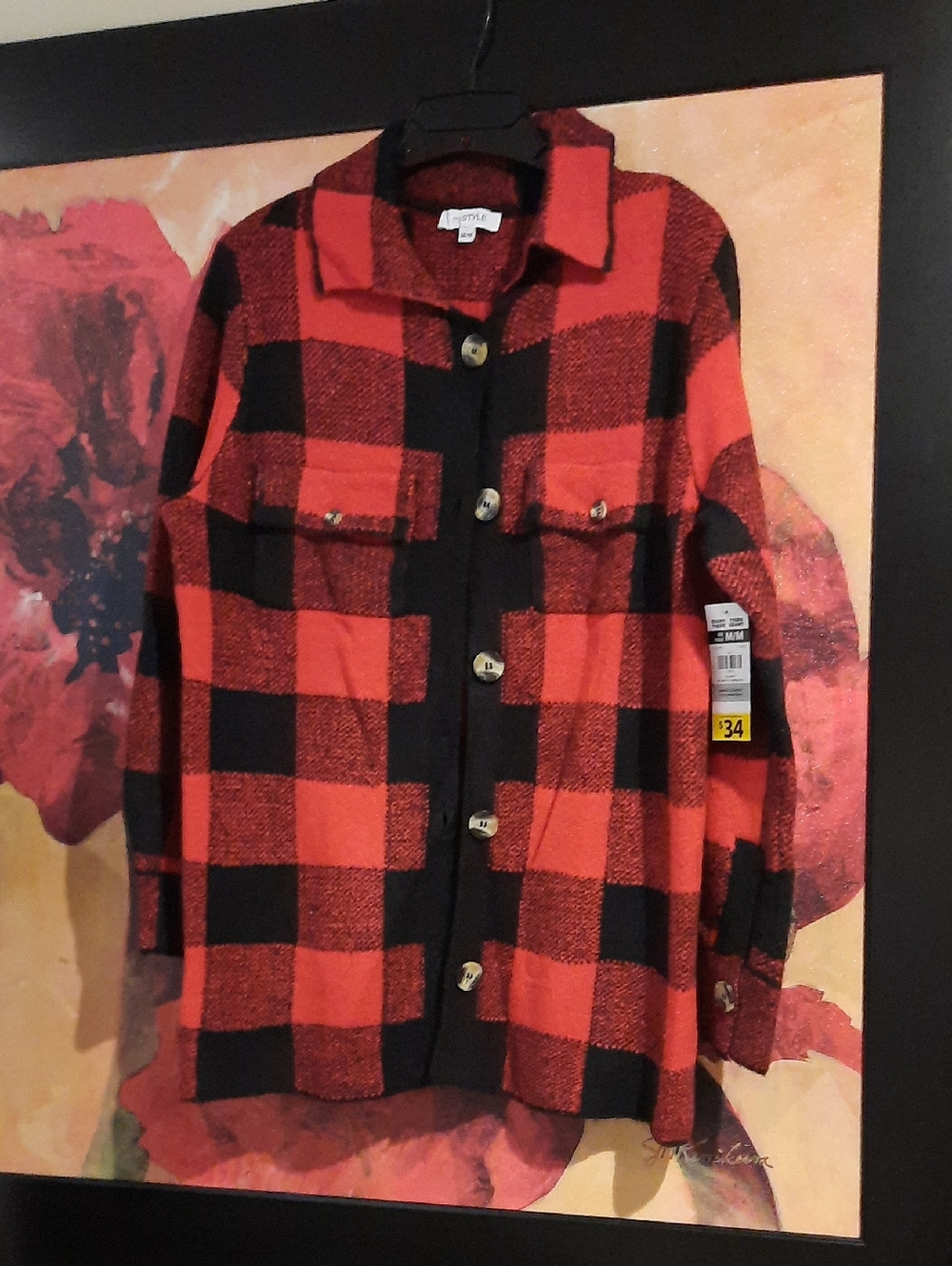 NWT Red & Black Buffalo Plaid CARFIGAN SWEATER JACKET Button-Up Shacket SIZE MED